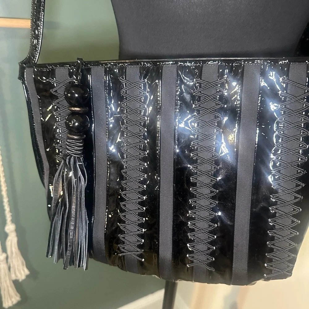 90s Vintage Sharif Black Leather Corset Crossbody Bag Made in USA